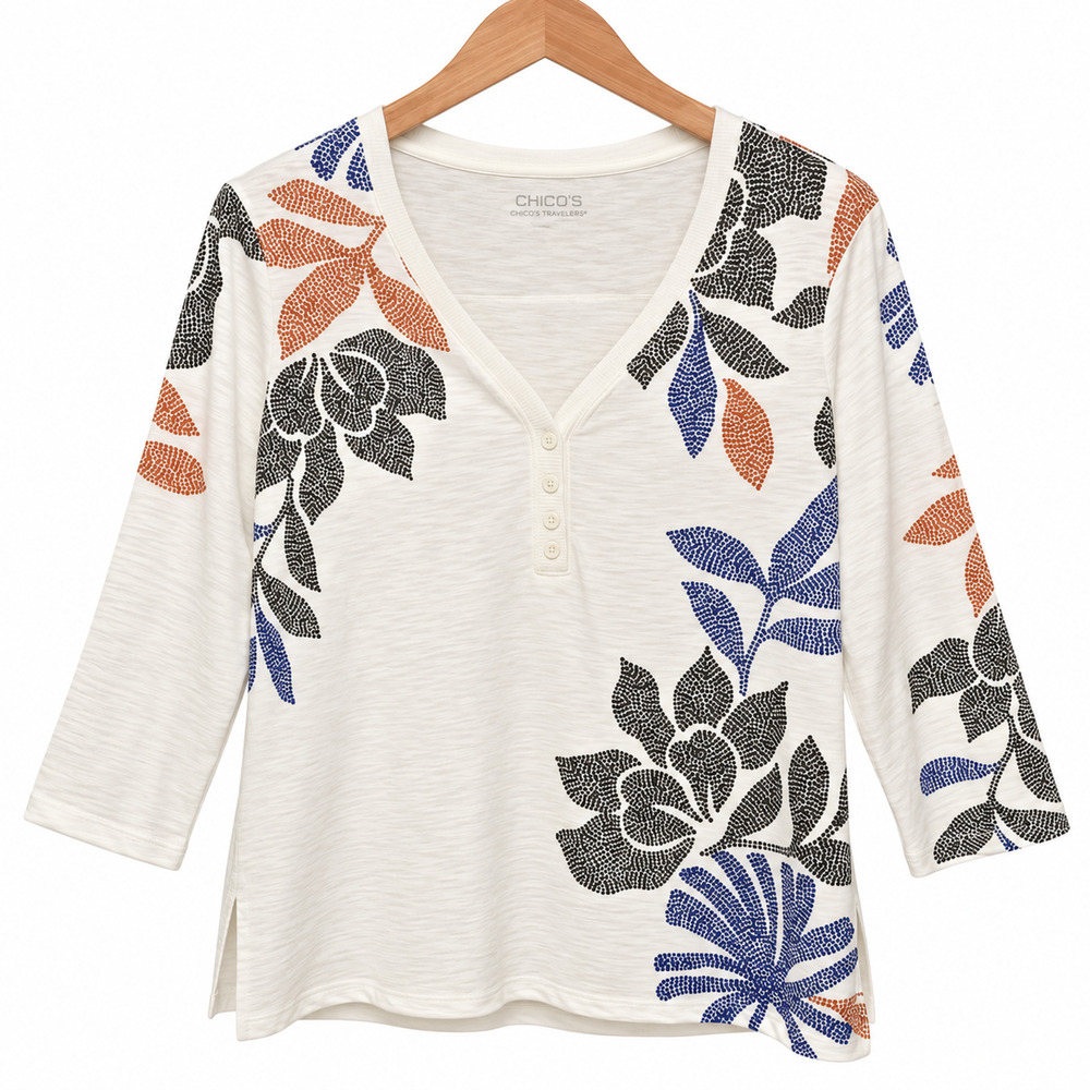 Chicos Top Womens L White Multicolor Leaf Henley 3/4 Sleeve Cotton Modal NWT